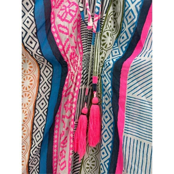 Lulalife Women Multicolor Light Cotton Striped Abstract Shirred Midi Dress Large - Picture 11 of 12